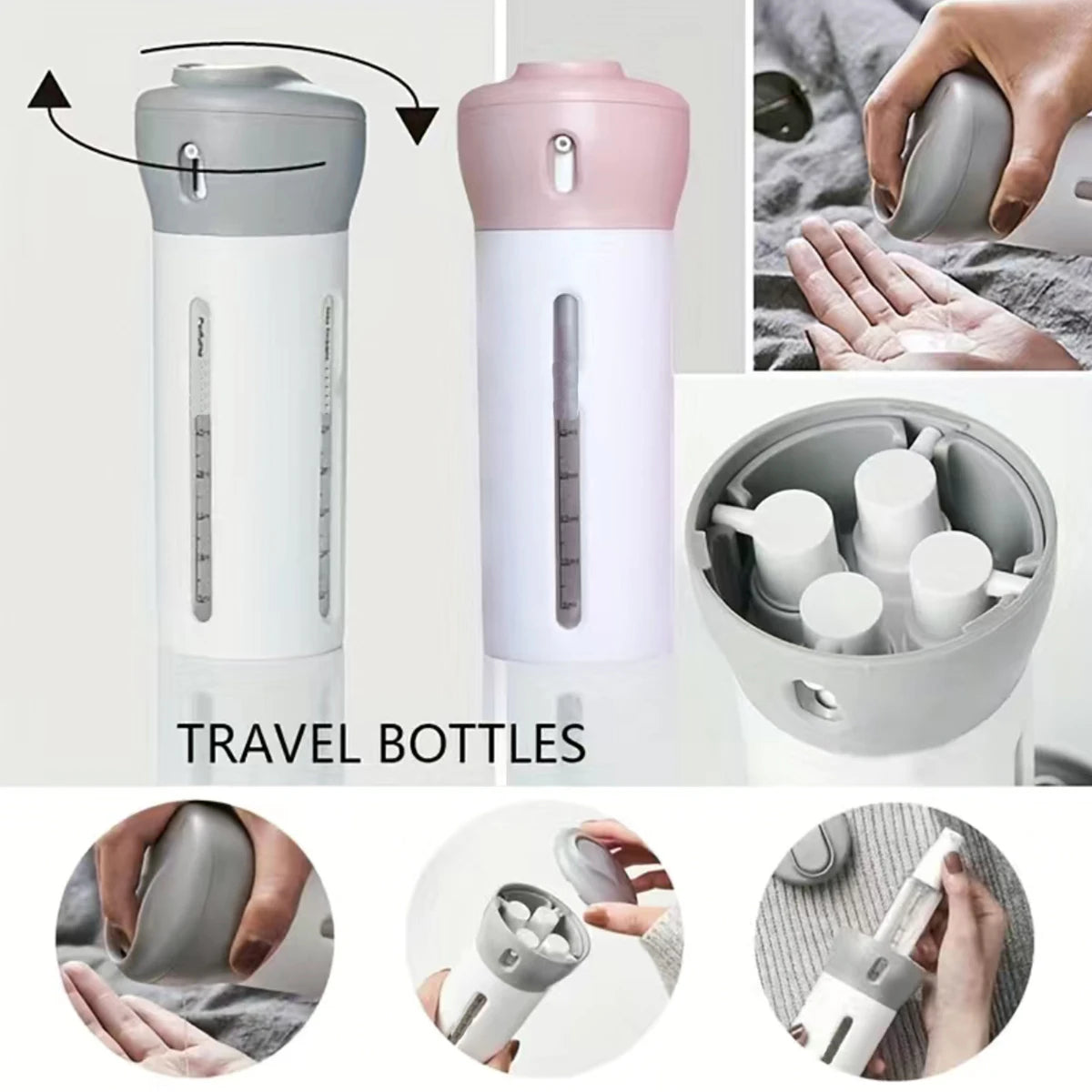 4 x 1 MultiOption Travel Dispenser: Compact Bottle for Shampoo, Conditioner, Lotion and Perfume
