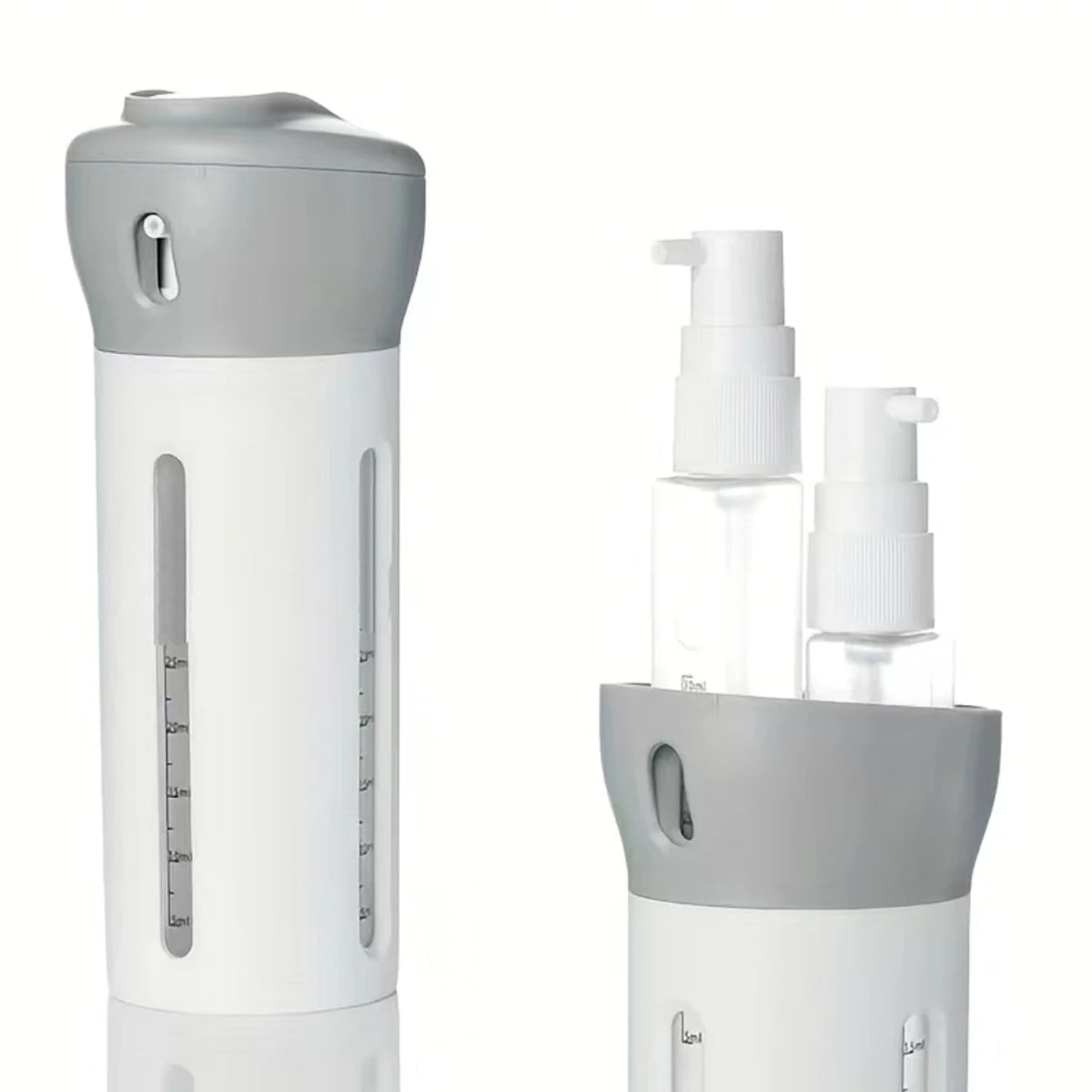 Dispensador de viaje multiopción 4 x 1: botella compacta para champú, acondicionador, loción y perfume